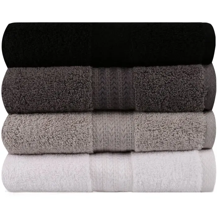 Ensemble de 4 Serviettes de Bain en Coton 100%, 50 x 90 cm, Couleurs Neutres (Blanc, Gris, Anthracite, Noir)