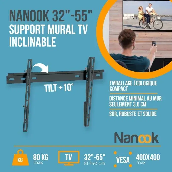 Nanook Support mural inclinable pour télévision 32-55 pouces, max 100 kg, installation facile, pour écran LCD/LED, noir - Référence NANOOK