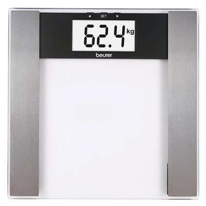 Beurer BG-17 Bascule Diagnostique Digitale en Verre avec Mesure de Masse Grasse, Masse Musculaire et Eau Corporelle - Electrodes Inox