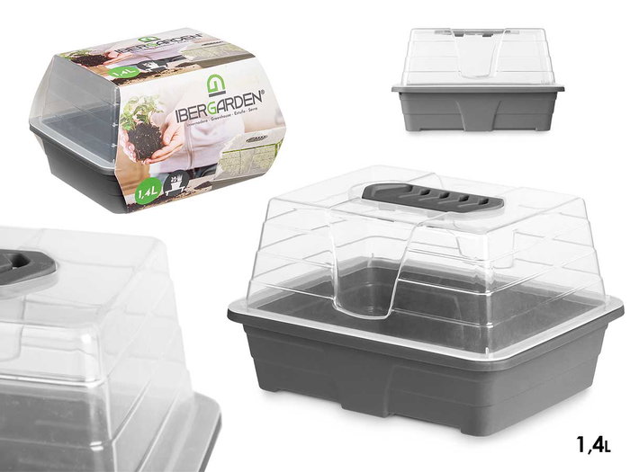Ibergarden Mini-serre en plastique transparent et gris 1,4 L avec aération 21,5x12,8x17,4 cm (Set de 16) Ibergarden Mini-serre en plastique transparent et gris 1,4 L avec aération 21,5x12,8x17,4 cm (Set de 16)