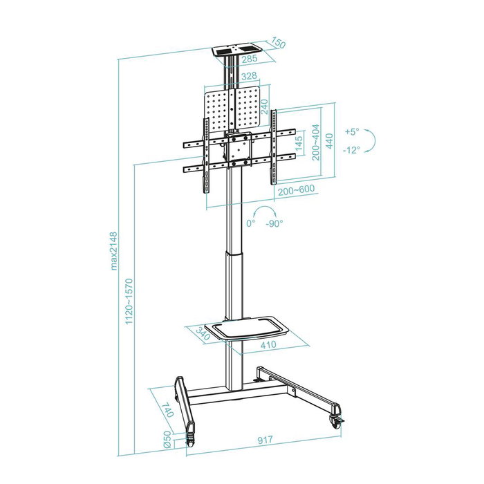 TooQ COMETA Support Mural pour Écran 37-70" Rotatif 90° avec Roues, VESA 200x200-600x400, Hauteur Réglable, Noir