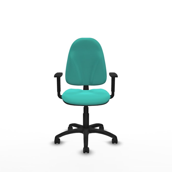 Chaise de bureau Algarra avec mécanisme Contact permanent de base, revêtue de similicuir turquoise. Équipée d'un piètement en polyamide noir, d'accoudoirs 1D et de roulettes pour parquet