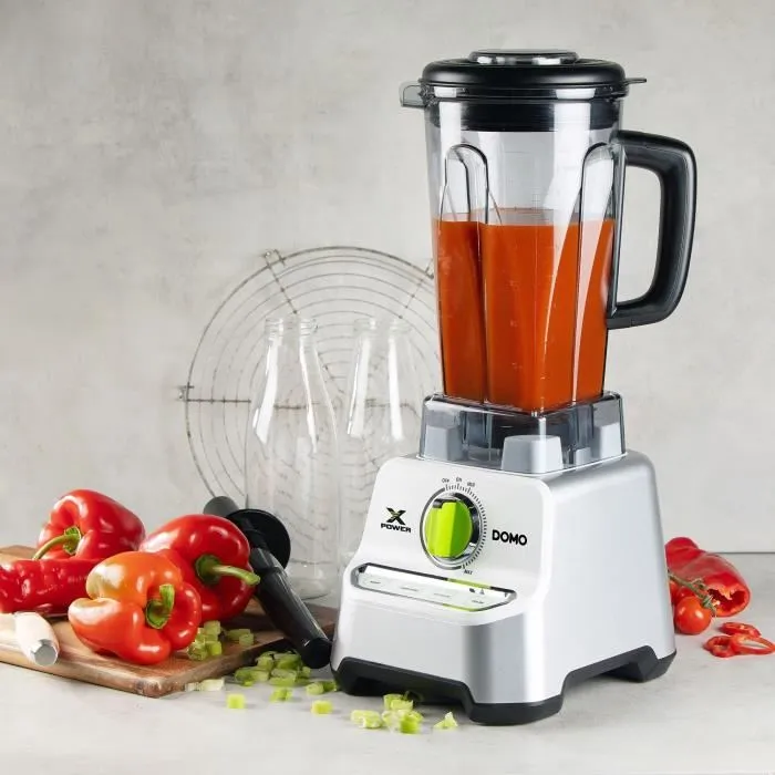 DOMO Blender XPOWER DO747BL - Mixeur 1500 W 2 L, Vitesse variable, 6 Lames, 45000 tours/min, pour Smoothies, Glace pilée, Soupes - Gris
