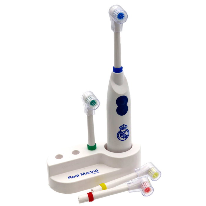 Cepillo BRANDS - Brosse à dents électrique officielle Real Madrid avec 3 brossettes de rechange colorées - Fonctionne avec piles AA