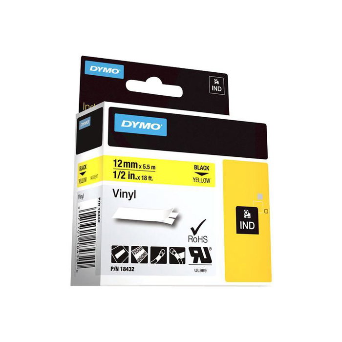 Dymo Rhino Ruban d'étiquettes en vinyle 12mm x 5,5m Noir sur Jaune