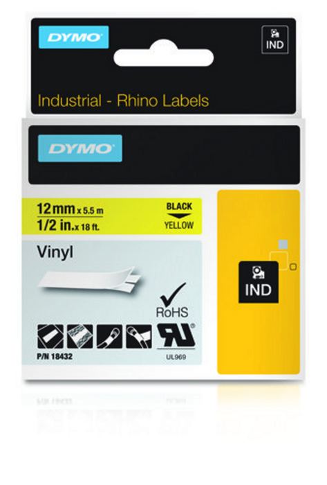 Dymo Ruban Rhino 18432 - Ruban adhésif industriel vinyle, texte noir sur fond jaune, format L Dymo Ruban Rhino 18432 - Ruban adhésif industriel vinyle, texte noir sur fond jaune, format L