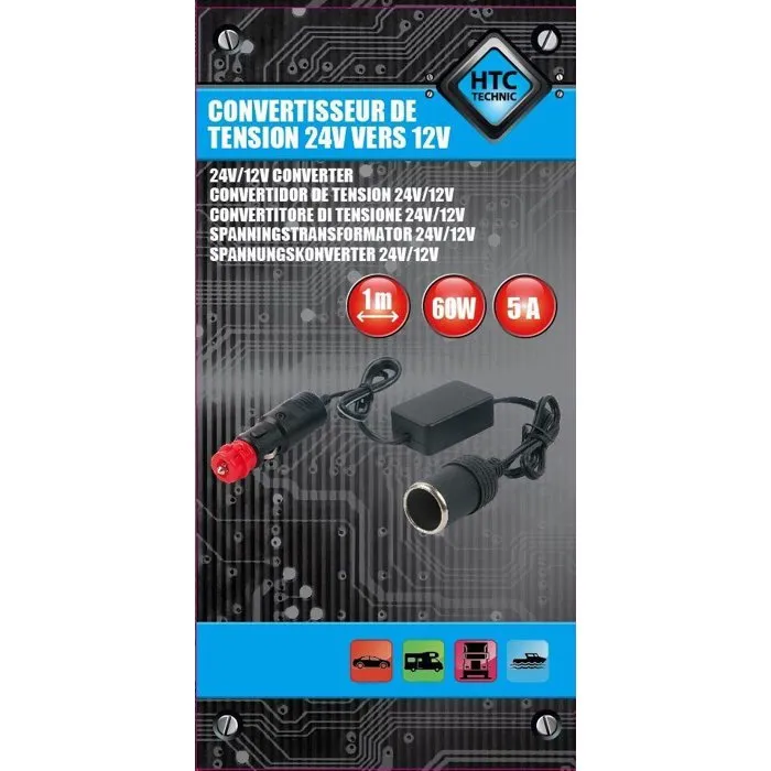 HTC Convertisseur DC-DC 24V vers 12V 60W 5A avec Cable 1M pour Appareils 12V sur Vehicules 24V, HTC TECHNIC