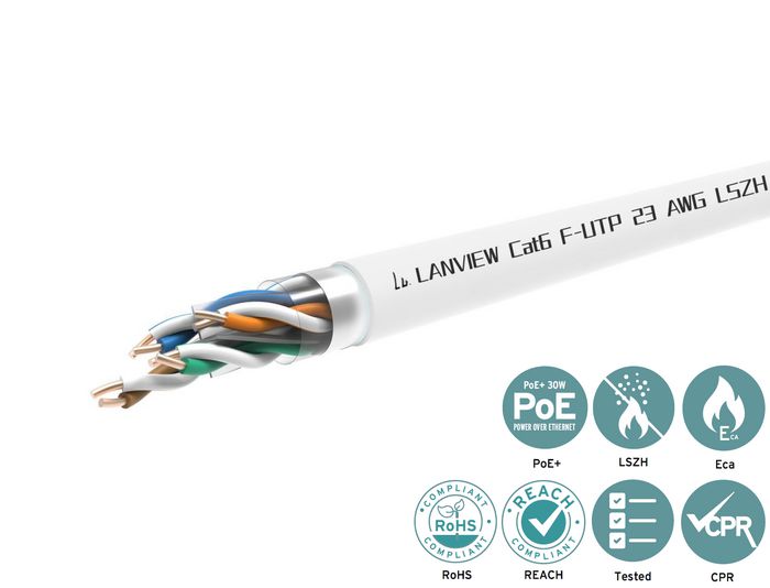 Lanview Câble réseau Cat6 F-UTP 4 paires 23 AWG cuivre, 305 mètres, blanc, gaine LSZH, pour câblage structure Lanview Câble réseau Cat6 F-UTP 4 paires 23 AWG cuivre, 305 mètres, blanc, gaine LSZH, pour câblage structure
