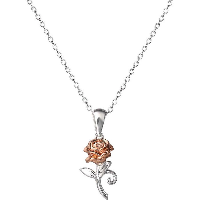 Disney Pendentif La Belle et la Bête Rose en Argent 925 - Collier Bijou Fantaisie