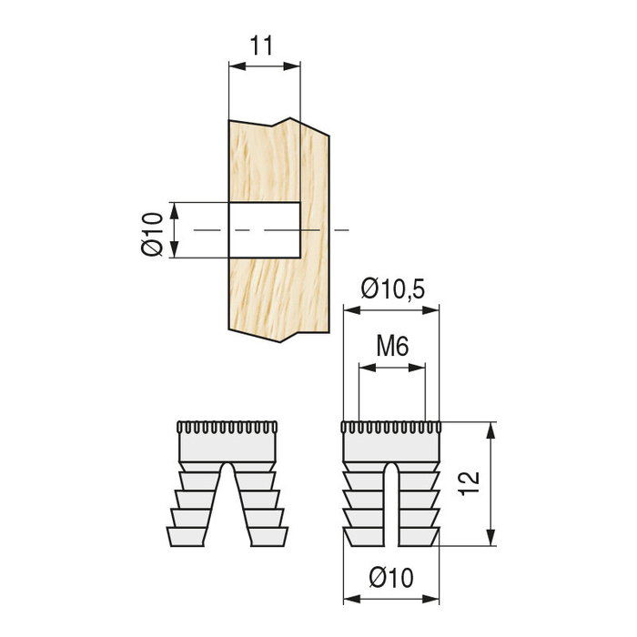 TRAVERSA COTO-EX Tuerca nylon expansible M6, lot de 12 pièces en tirage pour perçage 10 mm