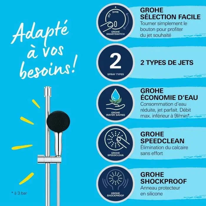 GROHE Vitalio Start 110 27948001 - Ensemble de douche avec pommeau 2 jets, barre 60 cm et flexible 1,75 m - Économie d'eau - Chromé