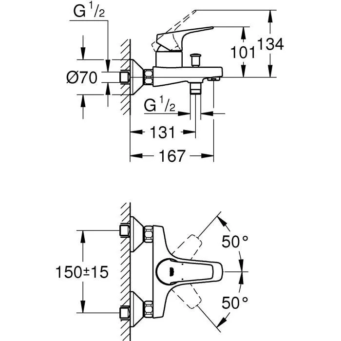 GROHE Mitigeur de bain et douche monocommande Start Flow 23772000, montage mural, chrome, avec limiteur de débit ajustable et inverseur automatique