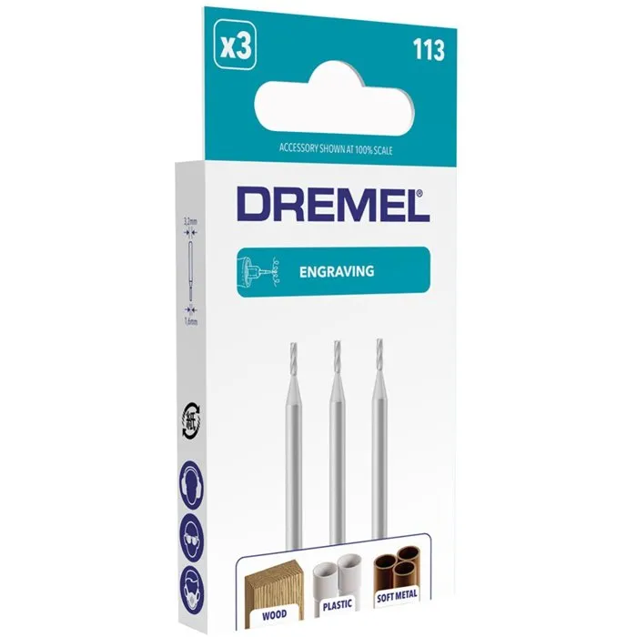 Dremel 113 Lot de 3 Fraises à Graver Cylindriques 1,6mm pour Sculpture et Gravure sur Bois, Plastique et Métaux Tendres