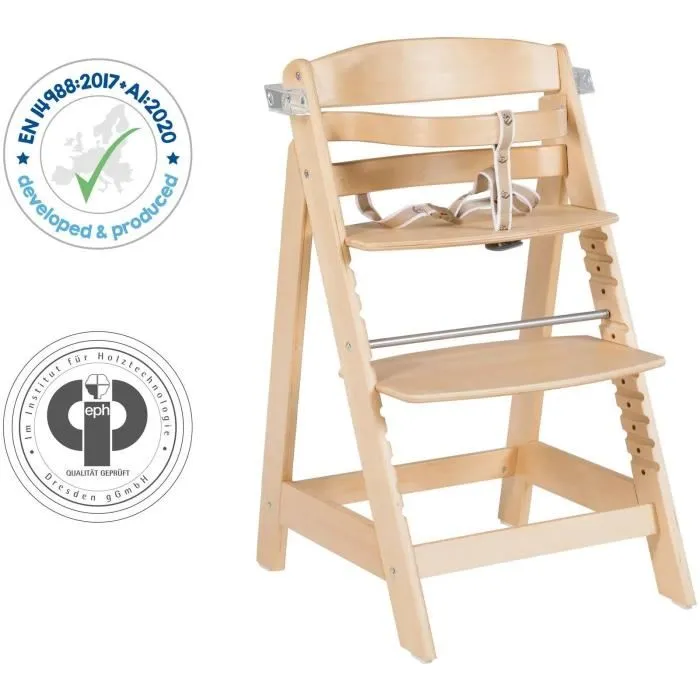 ROBA Chaise Haute Évolutive pour Enfant SIT UP CLICK & FUN - Plateau Repas Amovible, Siège et Repose-Pieds Réglables sans Outil, Bois Naturel, Jusqu'à 70 kg, Norme EN 14988