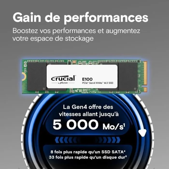 Crucial - Disque SSD E100 PCIe 4.0 NVMe M.2 2 To - Gen4, vitesse lecture jusqu'à 5000 Mo/s, idéal gaming et montage vidéo