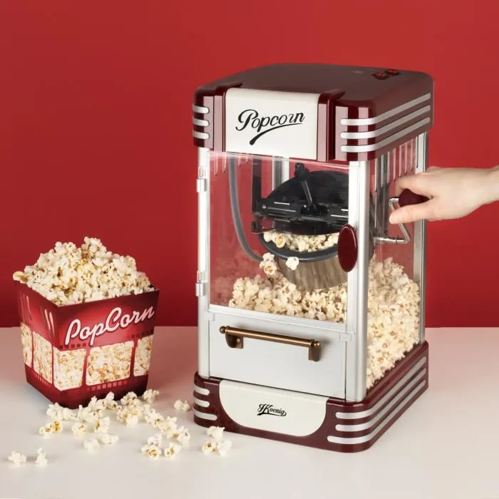 Hkoenig Machine à Popcorn POP330, Design Rétro, Capacité 50 g, Lumière de Maintien au Chaud, Casserole Inox, 360 W