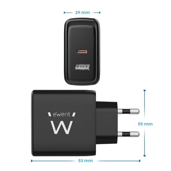 Ewent EW1330 Chargeur rapide GaN 65 W USB-C USB-A 2 ports pour smartphones tablettes ordinateurs portables Ewent EW1330 Chargeur rapide GaN 65 W USB-C USB-A 2 ports pour smartphones tablettes ordinateurs portables