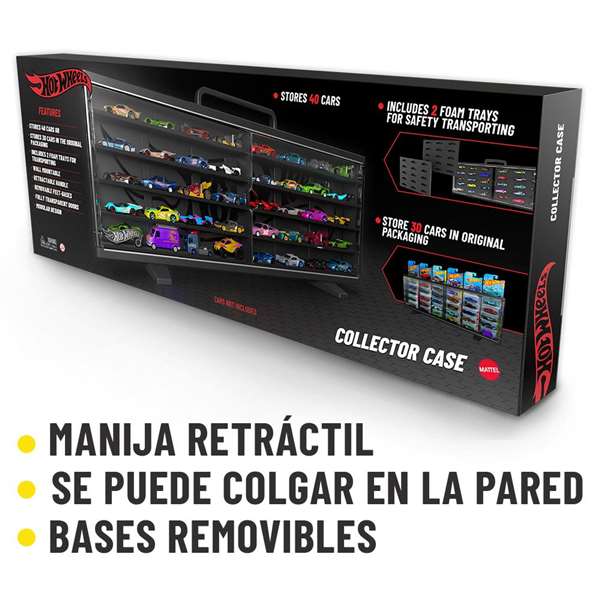 Mattel - Mallette de collection Hot Wheels avec 40 voitures, portes transparentes, design modulaire et 2 plaques de mousse - Peut se suspendre au mur