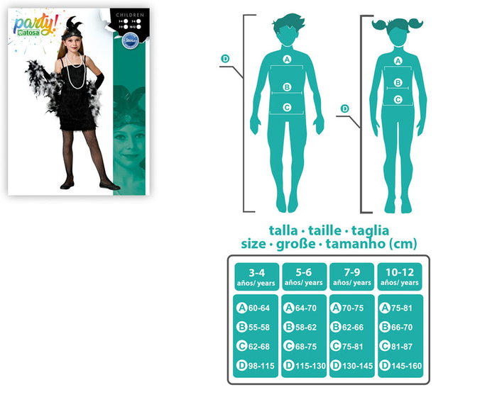 Déguisement Charleston Noir Années 20 Fille Enfant 10-12 Ans - Robe Unique de Fête de Bal et Cabaret, Polyester