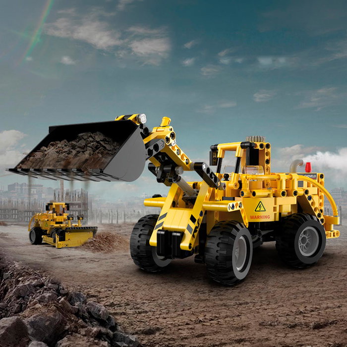 DEQUBE CADA Excavator-Bulldozer 2 en 1, 693 Pièces, Kit de Construction Compact, Jeu Multilingue (Anglais, Français, Allemand, Italien, Portugais, Espagnol), 8 ans et plus