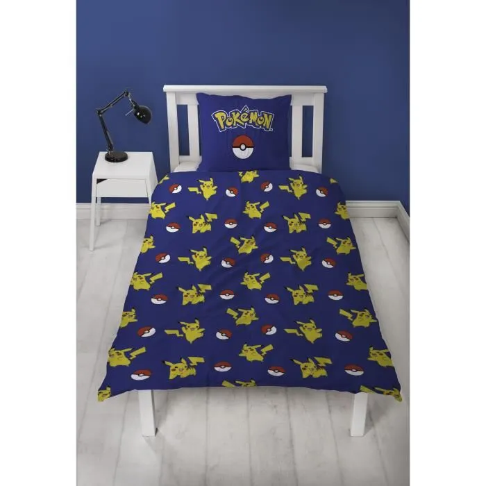 Pokémon - Parure de lit Microfibre Pikachu et Poké-ball - 1 Housse de couette 140 x 200 cm + 1 Taie 63 x 63 cm - Licence officielle