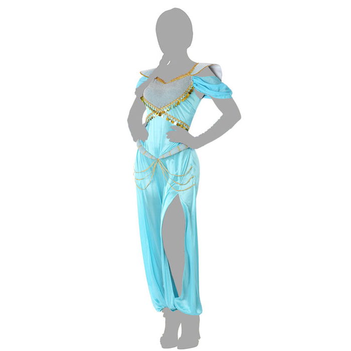 Déguisement Princesse Arabe Femme Adulte XL, Robe de Danse Orientale Bleu Céleste avec Détails Dorés et Gris, Polyester