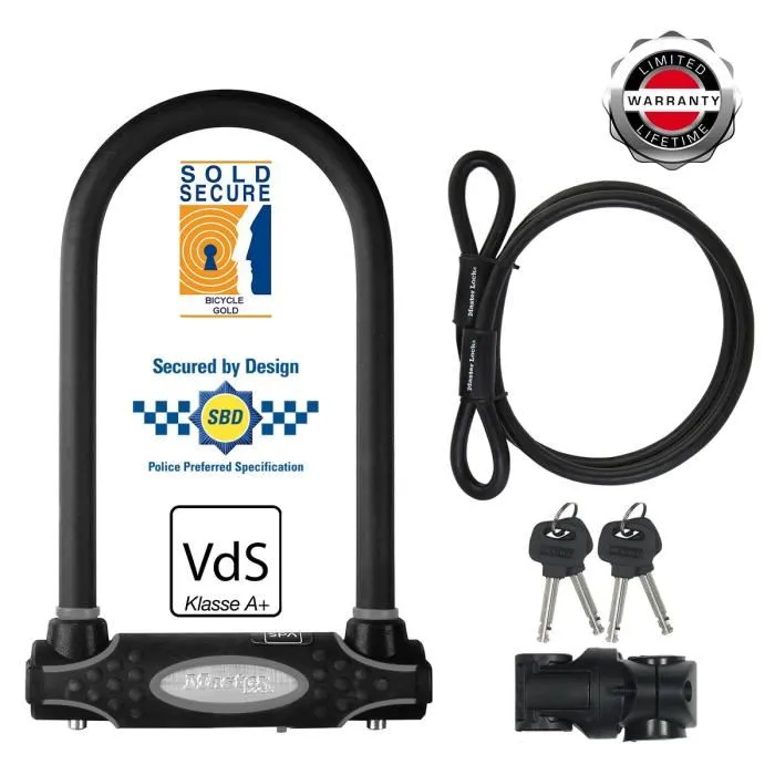 MASTER LOCK Antivol Vélo U à Clé avec Câble Acier - Certifié Sold Secure Gold, Police Approved, VDS A+ - Support Universel Cadre