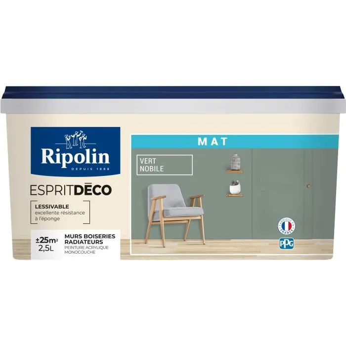 Ripolin Peinture Murale Intérieure Vert Noble Mat Décorative pour Murs, Boiseries, Radiateurs - 2,5 L Ripolin Peinture Murale Intérieure Vert Noble Mat Décorative pour Murs, Boiseries, Radiateurs - 2,5 L