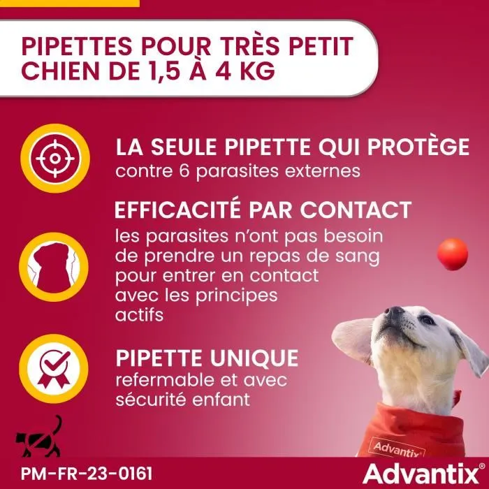Advantix Solution Antiparasitaire pour Chien 4 Pipettes - Chiots et Petit Chien 1.5 à 4 kg - Anti Puces, Tiques, Moustiques, Phlébotomes