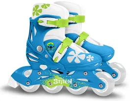 Stitch - Patins en ligne ajustables pour enfant - Taille 30-33 - Bleu - Ajustement par bouton poussoir, chausson Velcro, roulements 608Z, roues PVC et frein arrière