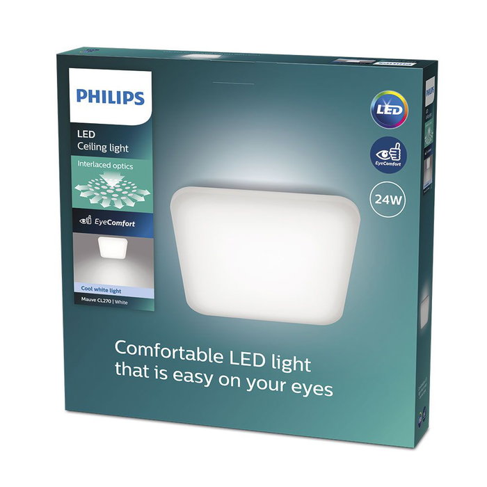 Philips Mauve Plafonnier LED Carré 24W 4000K 3000lm 43x43x7.5cm Blanc Neutre Non Variateur IP20 Philips Mauve Plafonnier LED Carré 24W 4000K 3000lm 43x43x7.5cm Blanc Neutre Non Variateur IP20