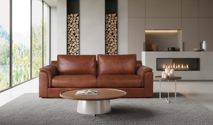 Giner y Colomer - Canapé 3 places en cuir 100% naturel marron, style vintage contemporain - Dimensions : 227 x 95 x 85 cm