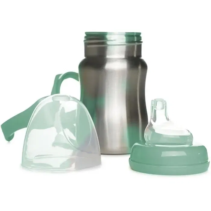 Thermobaby Tasse d'apprentissage en inox 180 ml Vert Cactus avec anses ergonomiques et système anti-fuites sans BPA