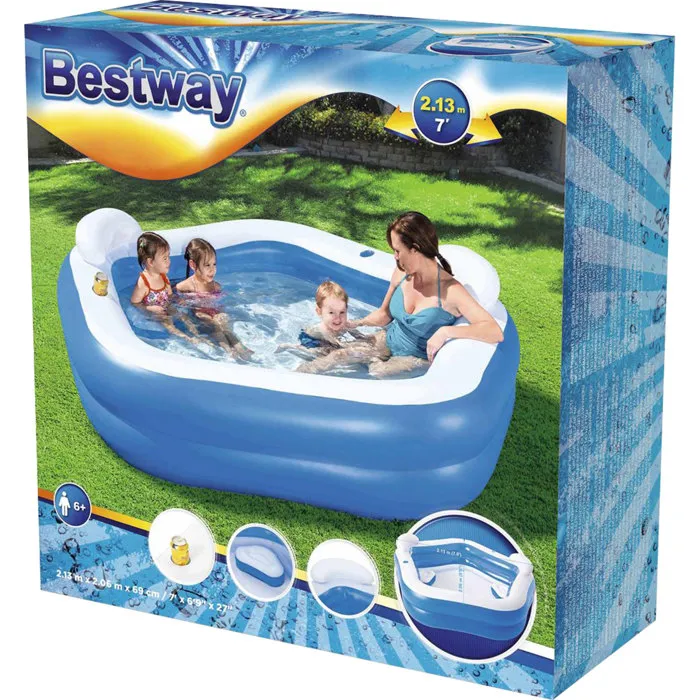Bestway Piscine gonflable pentagonale Family Fun - Pour toute la famille, 2 anneaux, 2 coussins et porte-gobelets - 575L