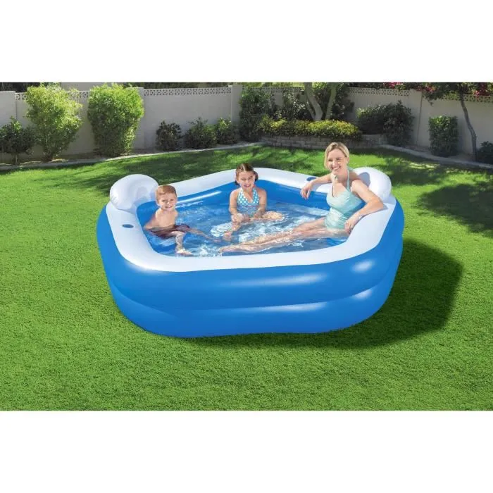 Bestway Piscine gonflable pentagonale Family Fun - Pour toute la famille, 2 anneaux, 2 coussins et porte-gobelets - 575L