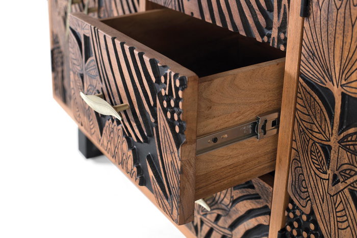 GINER Y COLOMER - Buffet en Acacia Massif et Métal, 4 Portes et 3 Tiroirs, Couleur Naturel et Noir, Dimensions 175x45x81 cm