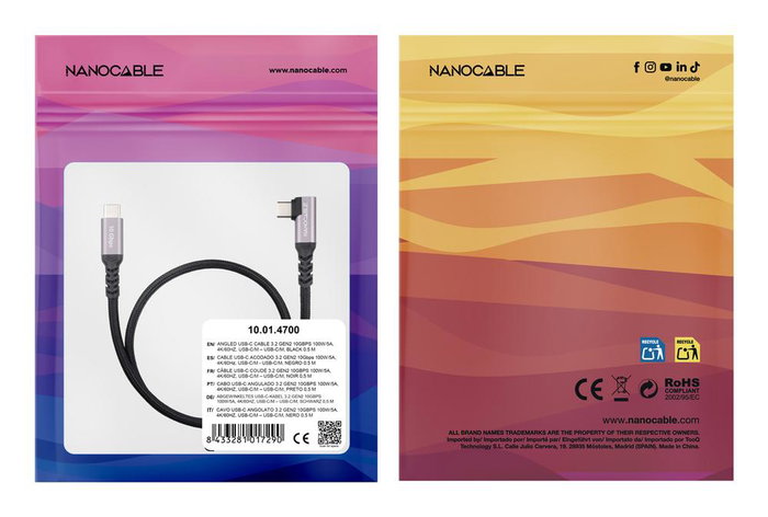 Nanocable Câble USB-C 3.2 Gen2 100W Acodé 1m - Transfert 10 Gbps, Charge Rapide et Video 4K