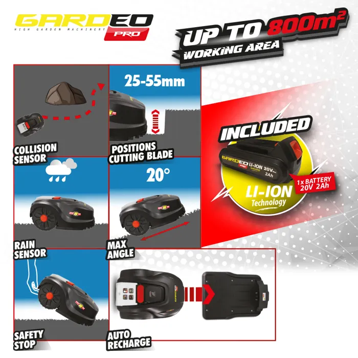 Gardeo Robot Tondeuse GRO20V20WIFI-2A 20V 800 m² Programmable Wifi pour Jardin