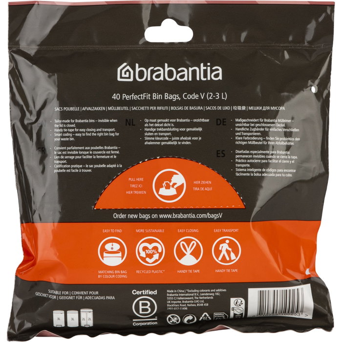 Brabantia PerfectFit sacs poubelle NewIcon Code V, 3 litres, 40 pièces