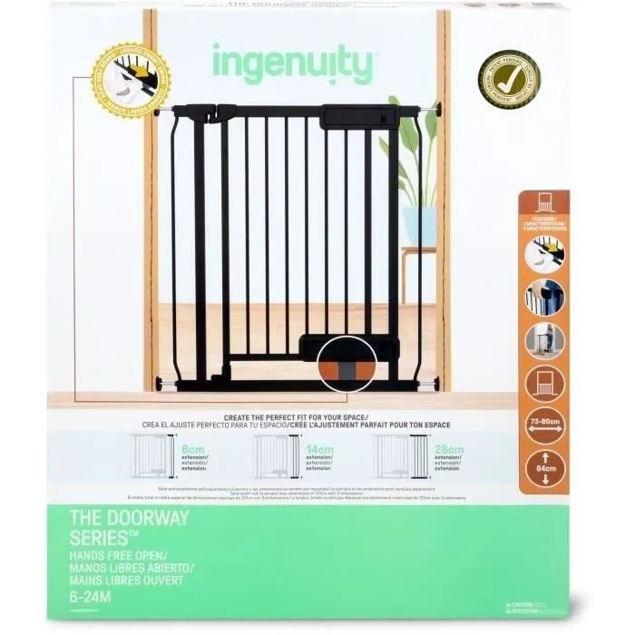 Ingenuity Barrière de Sécurité Escalier pour Enfants et Animaux, Ouverture Main ou Pied, 73-80 cm de Largeur, 84 cm de Hauteur, Montage par Pression ou Fixation Ingenuity Barrière de Sécurité Escalier pour Enfants et Animaux, Ouverture Main ou Pied, 73-80 cm de Largeur, 84 cm de Hauteur, Montage par Pression ou Fixation