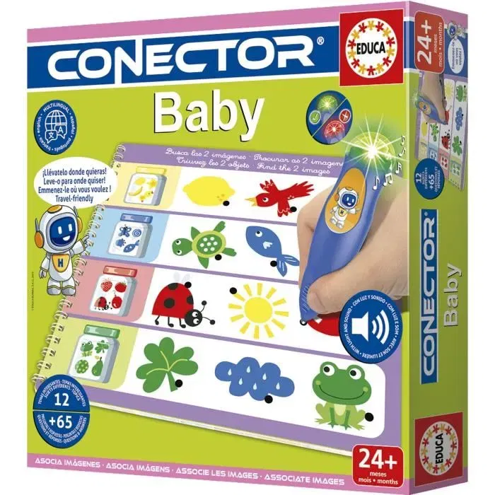 Educa Conector Baby, Jeu éducatif pour enfants dès 2 ans, Livre interactif avec stylo son et lumière, 65 questions sur 12 thèmes (couleurs, formes, animaux)