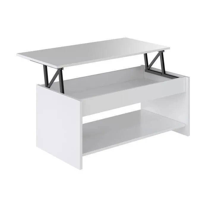 Happy Table basse relevable - Design contemporain en bois FSC blanc mat - Plateau relevable et étagère - Dimensions : 100 x 50 x 44.6 cm