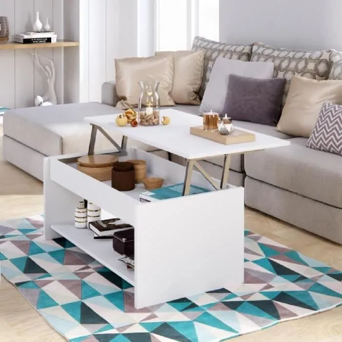 Happy Table basse relevable - Design contemporain en bois FSC blanc mat - Plateau relevable et étagère - Dimensions : 100 x 50 x 44.6 cm