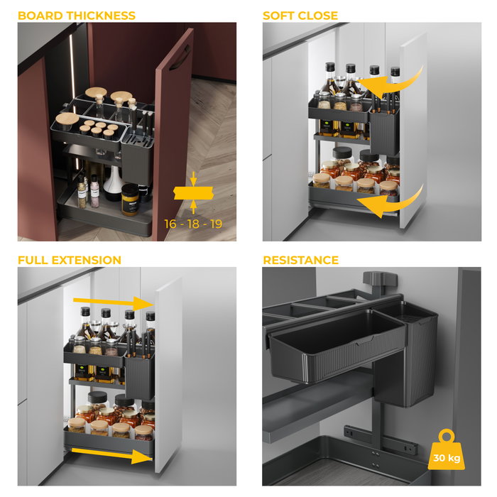 Emuca Chariot extractible avec paniers et accessoires Harmony avec fermeture à amortie, Module largeur 400mm hauteur 700mm, Acier et Bois, Gris anthracite