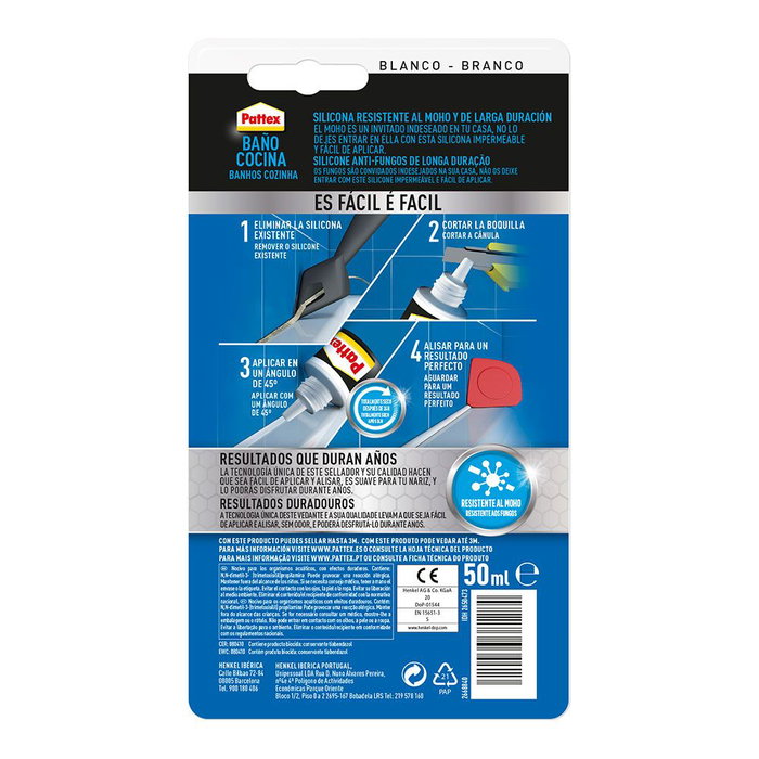 Pattex - Silicona neutra transparente pour salles de bains et cuisines - 50 ml - Résistant à l'eau et aux moisissures Pattex - Silicona neutra transparente pour salles de bains et cuisines - 50 ml - Résistant à l'eau et aux moisissures