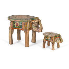 GINER Y COLOMER - Lot de 2 Figurines d'Éléphants en Bois de Mango Sculptées et Peintes à la Main - Grand Modèle 35 x 48 x 35 cm, Petit Modèle 18 x 19 x 27 cm