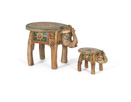 GINER Y COLOMER - Lot de 2 Figurines d'Éléphants en Bois de Mango Sculptées et Peintes à la Main - Grand Modèle 35 x 48 x 35 cm, Petit Modèle 18 x 19 x 27 cm