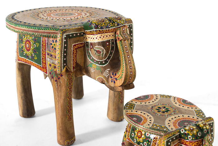 GINER Y COLOMER - Lot de 2 Figurines d'Éléphants en Bois de Mango Sculptées et Peintes à la Main - Grand Modèle 35 x 48 x 35 cm, Petit Modèle 18 x 19 x 27 cm