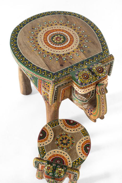 GINER Y COLOMER - Lot de 2 Figurines d'Éléphants en Bois de Mango Sculptées et Peintes à la Main - Grand Modèle 35 x 48 x 35 cm, Petit Modèle 18 x 19 x 27 cm