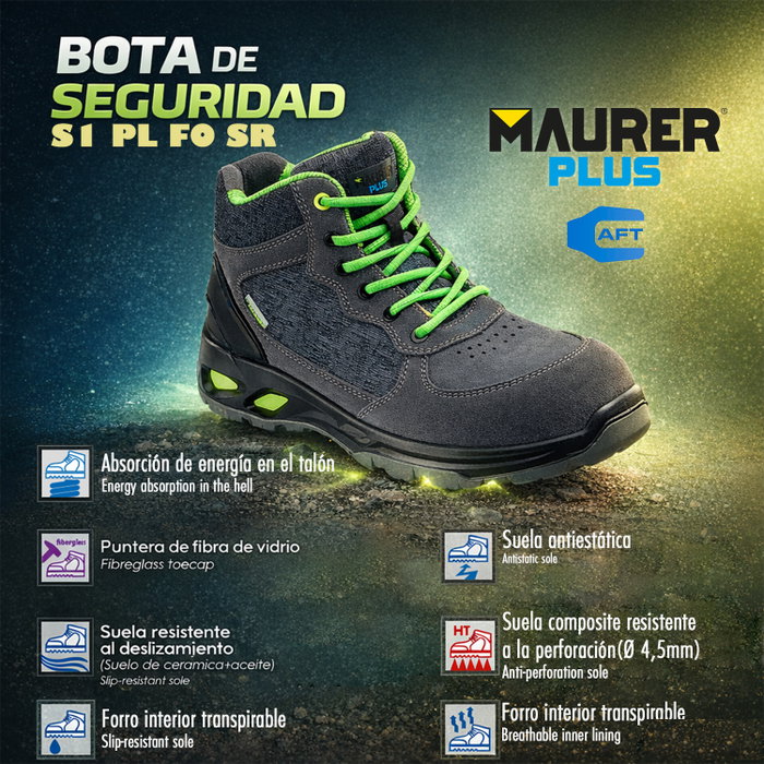 MAURER Arlaz Botte de Sécurité S1 Antidérapante Taille 41 MAURER Arlaz Botte de Sécurité S1 Antidérapante Taille 41